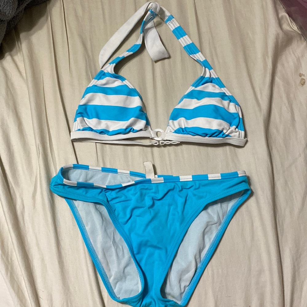 Blue and White Striped Swimsuit